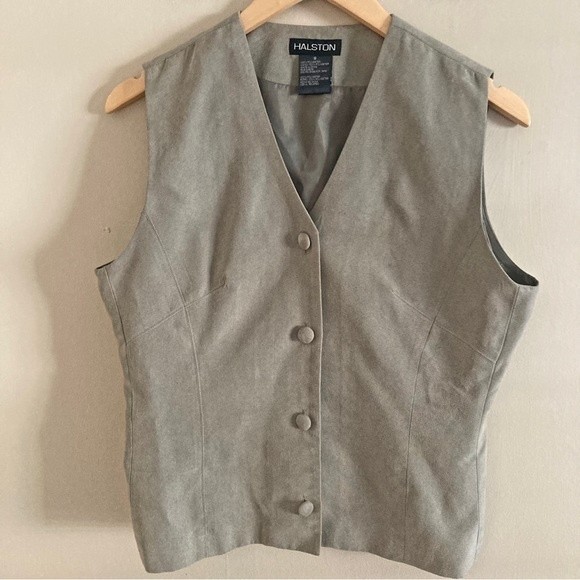 HALSTON vintage green 2-piece skirt and suede vest suit set - Picture 7 of 12